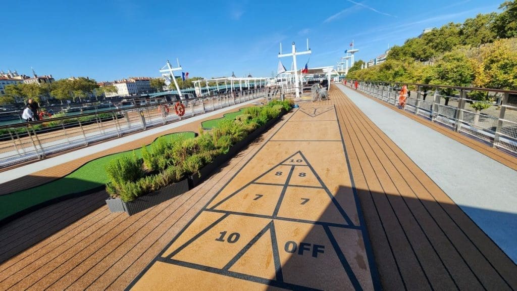 Shuffle board and putting green on the top deck of viking river cruise in europe