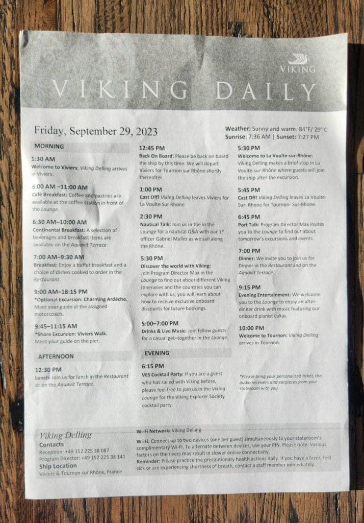 viking cruise ship daily newsletter given on ship